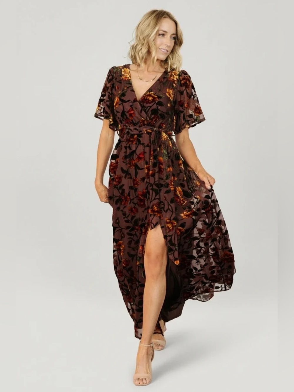 Baltic Born Brown Floral Velvet Wrap Maxi Dress with Gold Accents